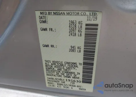 2020 Nissan Altima Sr Fwd from USA, damaged, VIN 1N4BL4CV8LC195630